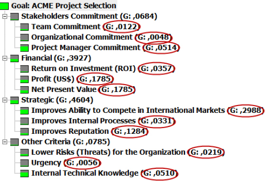 Hierarchy of Criteria for the Fictitious ACME Organization with Global Priorities for Each Criterion