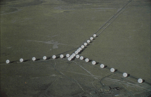 Aerial view of the VI.A., The North arm extends toward the background the Southwest arm extends to the left and the Southeast arm to the right. The Array is shown in D-configuration with 26 of the maximum 27 antennas visible