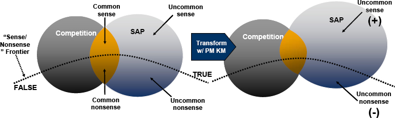 Knowledge Strategy Equation that drives the “sense:nonsense” ratio is elaborated on the left-hand side with two relatively equal competitors. Business transformation via PM KM increases the SAP sense:nonsense ratio. (Goddard, 5)