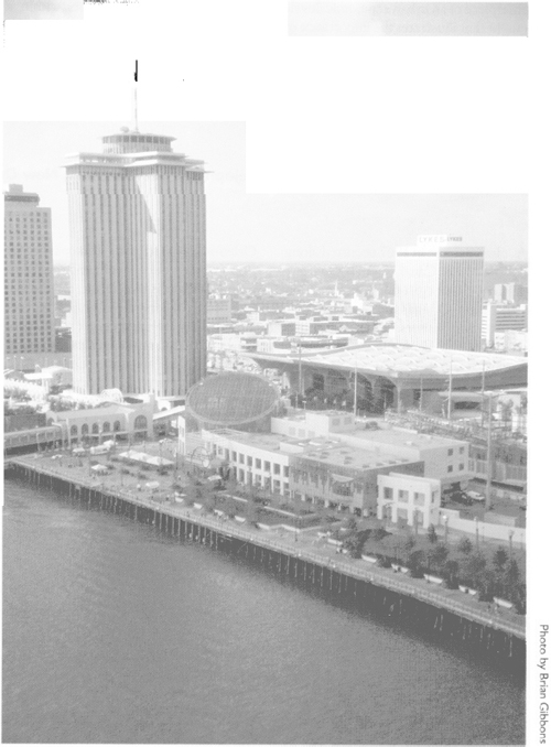 The Aquarium of the Americas rests near the crescent-shaped curve of the Mississippi River as it carves the banks along the New Orleans Central Area Riverfront and the historic French Quarter. New Orleans is frequently called the “Crescent City.”