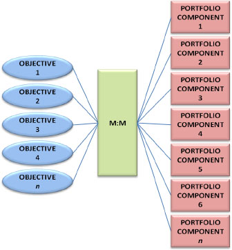 Many-to-many relationship between organizational objectives and portfolio components