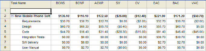 Earned Value Table View
