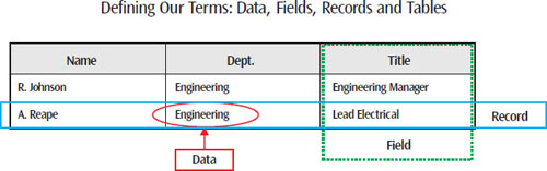 Tables, like the one pictured here, express the contents of a database in organized form. Within a table, a record (shown in blue) contains one or more categories or fields (shown in green). Fields are made up of related pieces of specific information, or data (example shown in red)