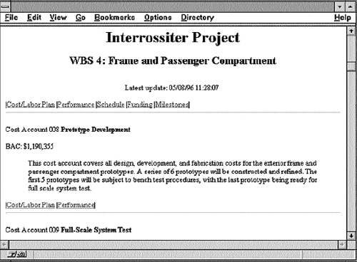 Scope Pages (shown in a browser window) Let User Select Appropriate Reports at the WBS Level of Detail or Lower