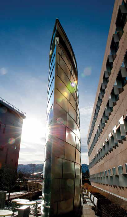 An air-intake structure on the NREL campus pulls in air to cool the ESIF data center. Such structures help lower energy costs in the building