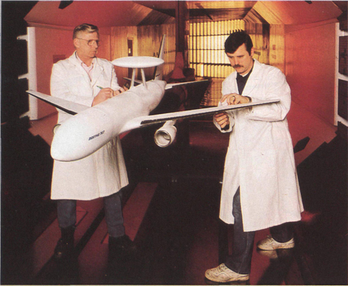 (Left) Wind tunnel tests are conducted to corroborate engineering estimates on stability, control, and performance after the AWACS rotodome has been added to the 767 airframe