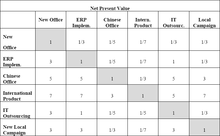 Projects Comparison Matrix for the Net Present Value Criterion