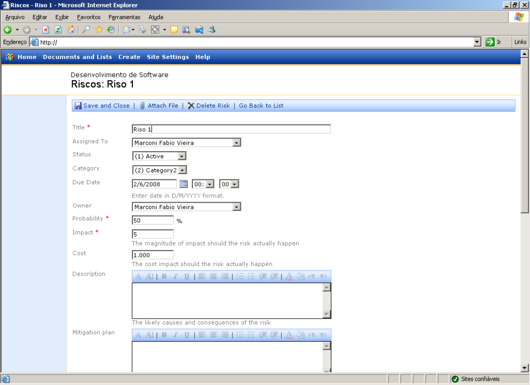 Gerenciamento de Riscos via Site do Projeto
