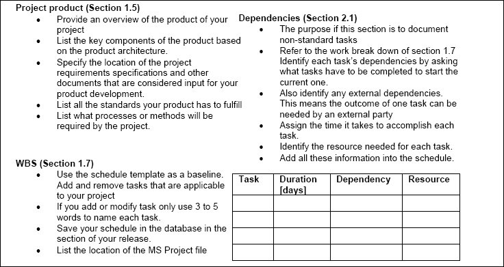 Examples of Sections of the project plan template relevant for implementation of SP1.1