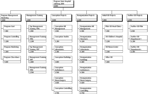 Driven by the budget crunch, the government of the State of Salzburg, Austria, has initiated a three-year organizational development program to improve patient services, professionalize management and reduce costs in the health care facilities under their control. This work breakdown structure was developed as part of the concept phase of this program