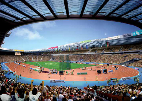 Improvements to Hampden Park will leave a positive legacy long after the Games conclude, one of the goals of the project. To transform the venue—which normally hosts football games, as in the photo below—into a track and field stadium meeting international standards, the playing surface was raised 1.9 meters (6.2 feet)