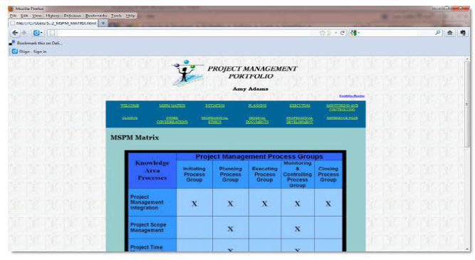 Sample exemplar portfolio showing classification by Project Management Process Groups and Knowledge Areas