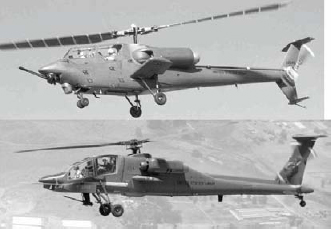 Apache design by Hughes Helicopter Company (bottom photo) Bell Helicopter (top photo)