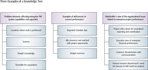 The three examples show the relationships among enterprise project management problem entities. One purpose of project requirements management is developing and specifying a complete and valid model. This model becomes the input to product scope management processes
