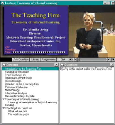 Just-In-Time Lectures include content experts from Motorola as well as presentations and materials by leading industry experts. Dr. Monika Aring (above), director of the Motorola Teaching Firm Research Project Education Development Center Inc. in Newton, Mass., conducts a lecture titled “The Teaching Firm: Taxonomy of Informal Learning.” [© Motorola, 1998.]