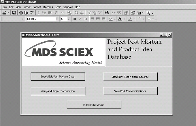 Menu to the Microsoft Access Project Post-Mortem Database