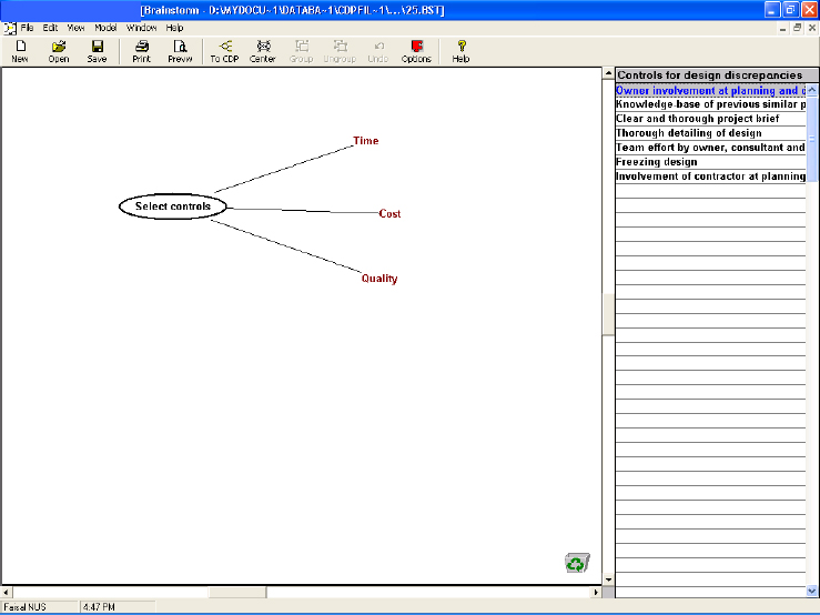 Main panel of decision support shell that contains the goal, main criteria and the most effective controls for variations (focusing on Time, Cost and Quality)
