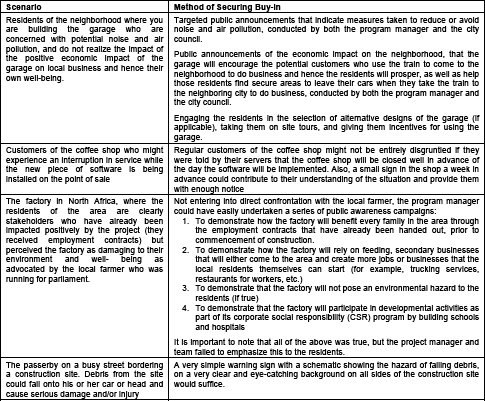 Examples of means of securing and maintaining environmental stakeholder buy-in