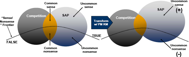 Knowledge Strategy Equation that drives the “sense:nonsense” ratio is elaborated on the left-hand side with two relatively equal competitors. Business transformation via PM KM increases the SAP sense:nonsense ratio. (Goddard, 2006, 5)