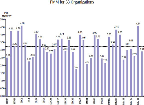 Looking at the PMM levels for the 38 companies, we can ascertain which areas of a company's project management are strong and which need attention so that a company's management can concentrate any new project management investments in the weaker areas